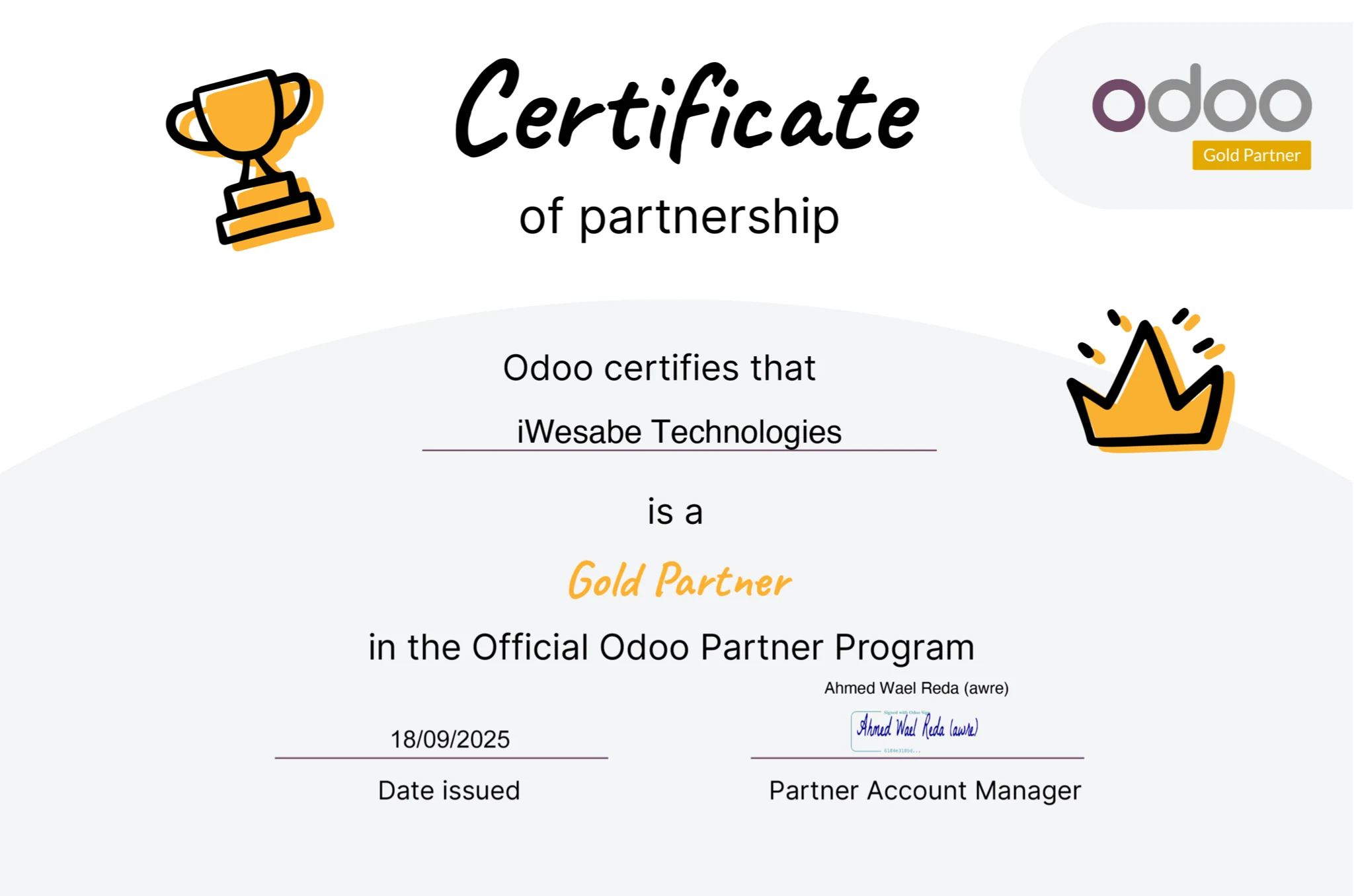 Odoo Gold Partner Certificate 2025 — click to view PDF Odoo Partnership Certificate — iWesabe Technologies, Gold Partner 2025, issued by Odoo S.A.