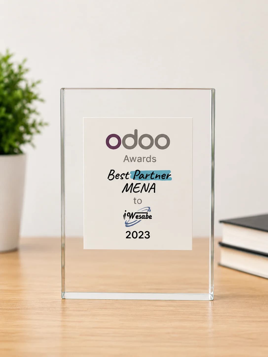 Odoo Best Partner — Middle East 2023 iWesabe Technologies — Odoo Best Partner Middle East 2023 award trophy